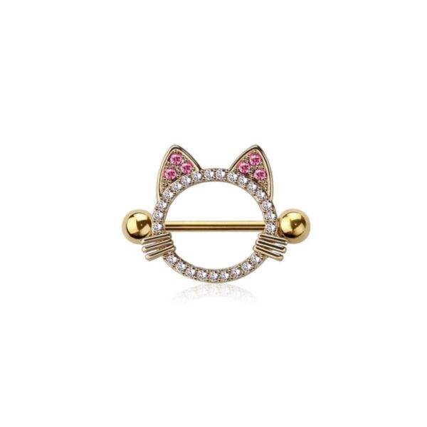Cute Cat Shield Nipple Piercing with Crystal Paving - Gold - Pink