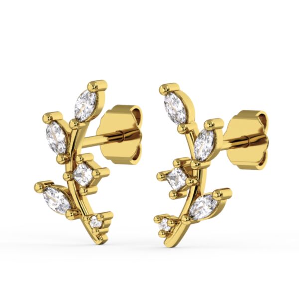 18 Kt Gold Vermeil Ear Studs with Dainty Leaves Made of Marquise and Round Crystals