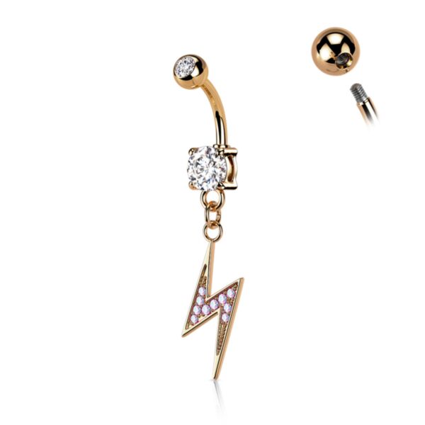 Belly Bar with Prong Set Stone and Dangling Paved Thunderbolt - Rose Gold