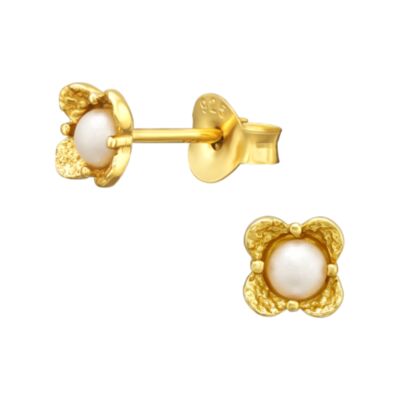 Gold Sterling Silver Ear Studs with pearl flower