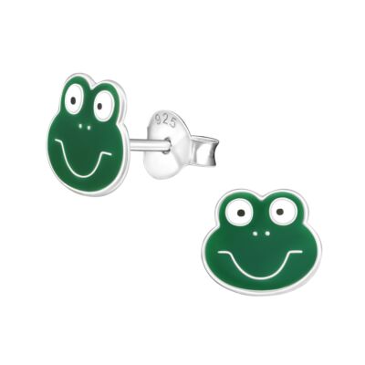 Silver Earrings for Kids with happy Frog